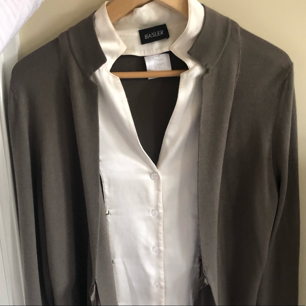 Basler cardigan with removable silk bib.